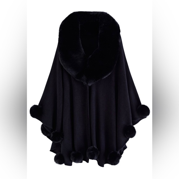 FAUX FUR COLLAR POM-POM TRIM PONCHO IN BLACK - Picture 3 of 4